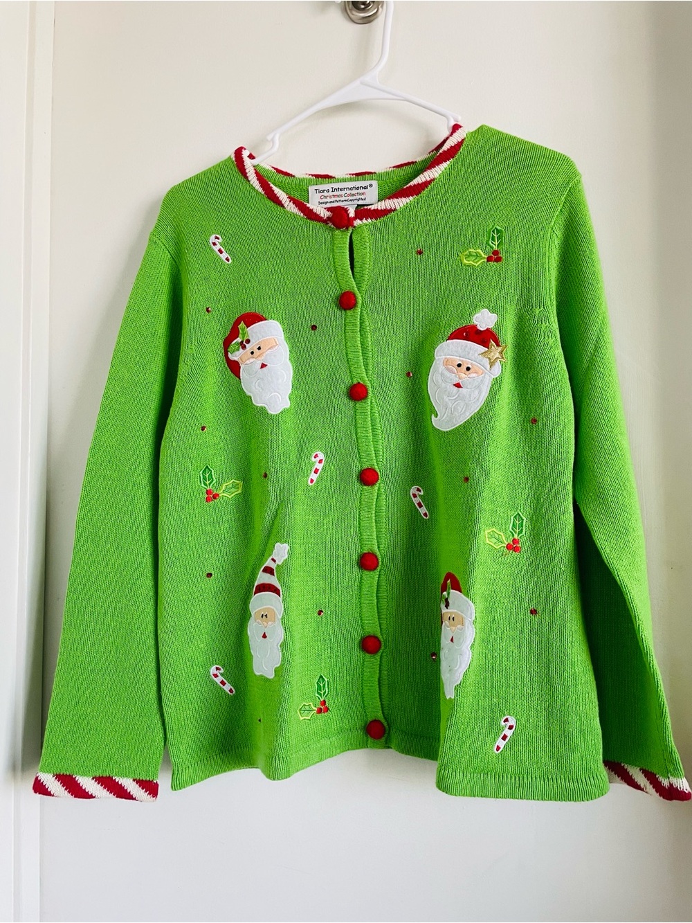 Bright Green Holiday Santa Embroidered Cardigan Sweater